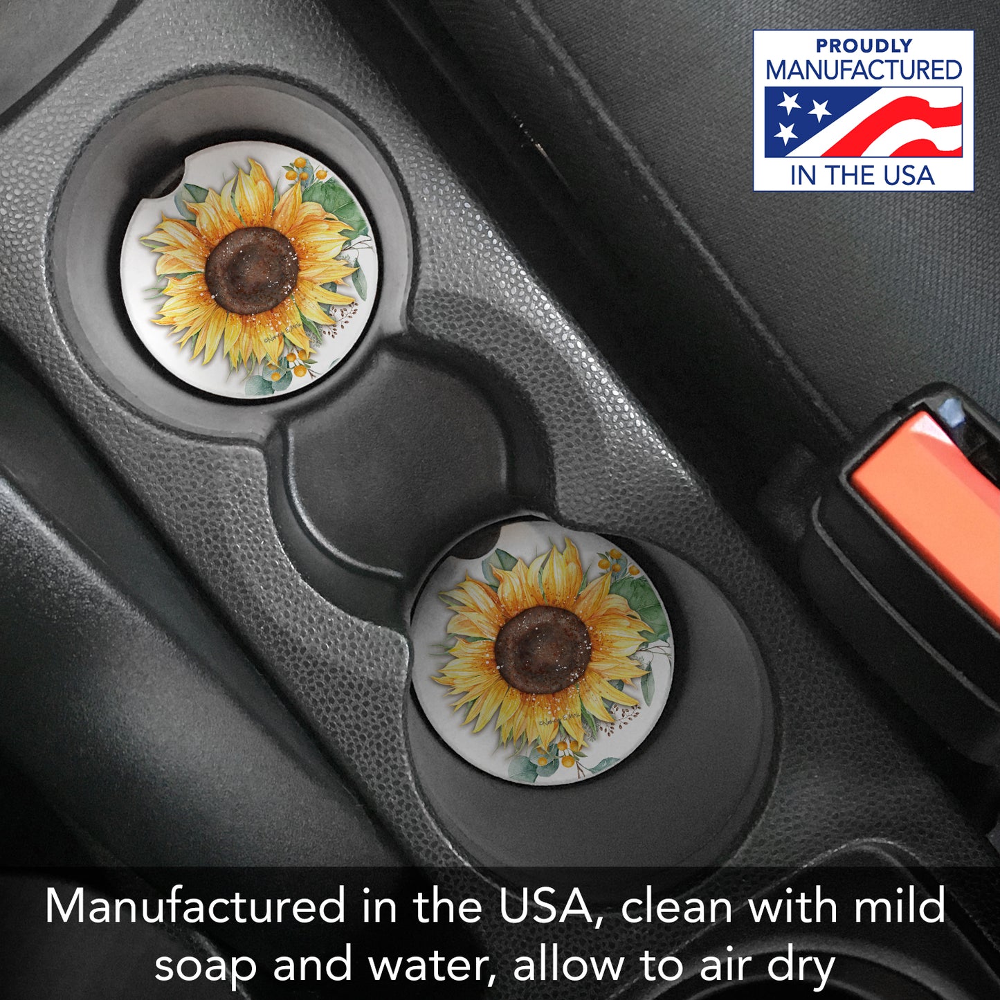 Thirstystone Sunflower Fields Single Absorbent Stone Coaster for Vehicle Cup Holder 2.6” Diameter Manufactured in The USA