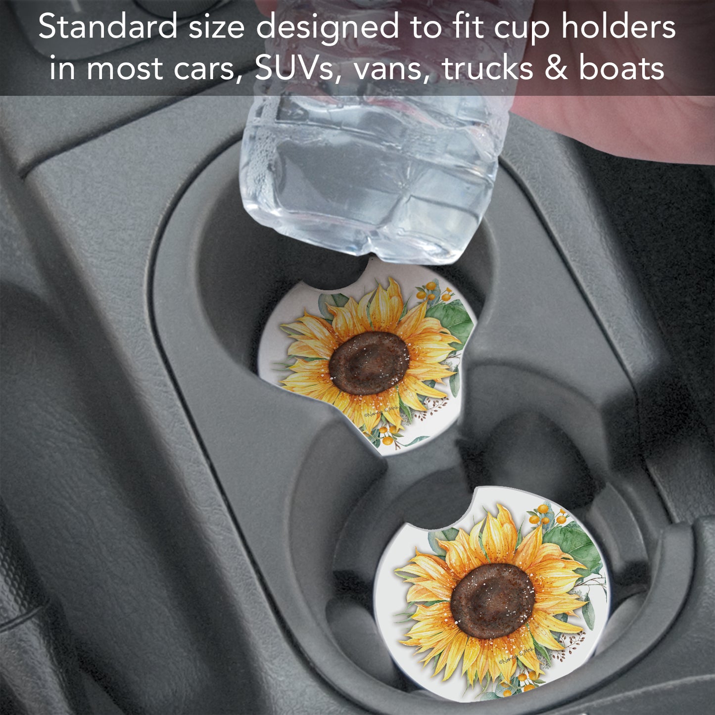 Thirstystone Sunflower Fields Single Absorbent Stone Coaster for Vehicle Cup Holder 2.6” Diameter Manufactured in The USA