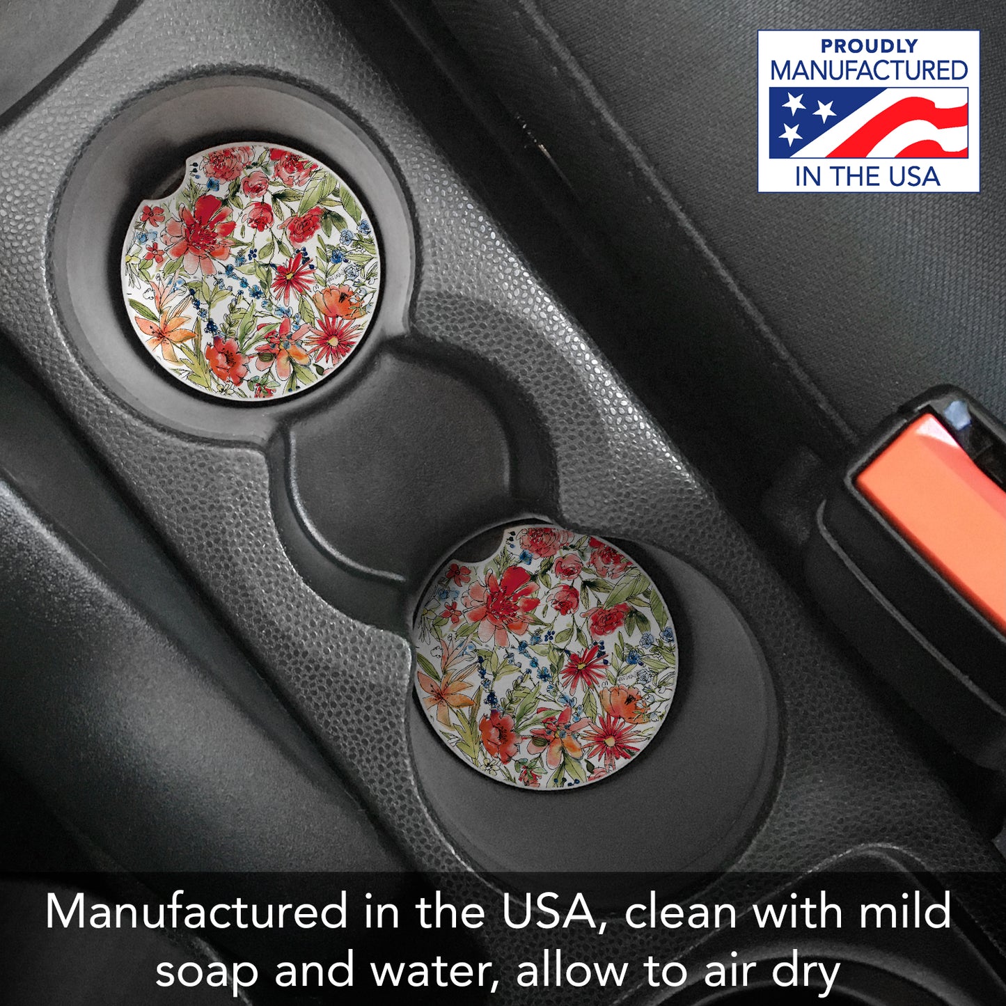 Thirstystone Americana Mood Floral Single Absorbnent Stone Coaster for Vehicle Cup Holder 2.6” Diameter Manufactured in The USA