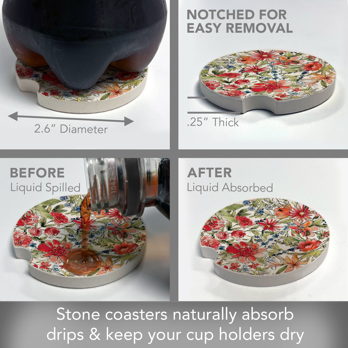 Thirstystone Americana Mood Floral Single Absorbnent Stone Coaster for Vehicle Cup Holder 2.6” Diameter Manufactured in The USA