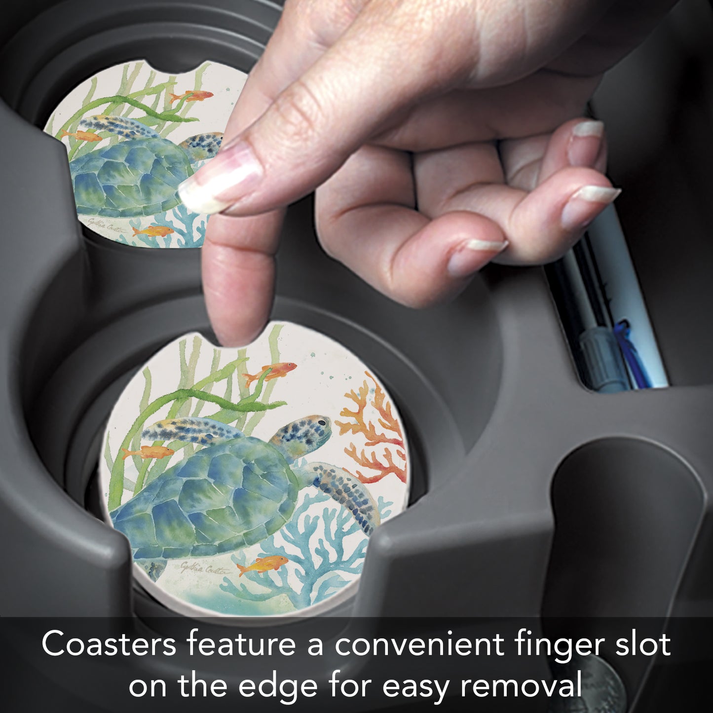 Thirstystone Sea Life Serenade Single Absorbent Stone Coaster for Vehicle Cup Holder 2.6” Diameter Manufactured in The USA