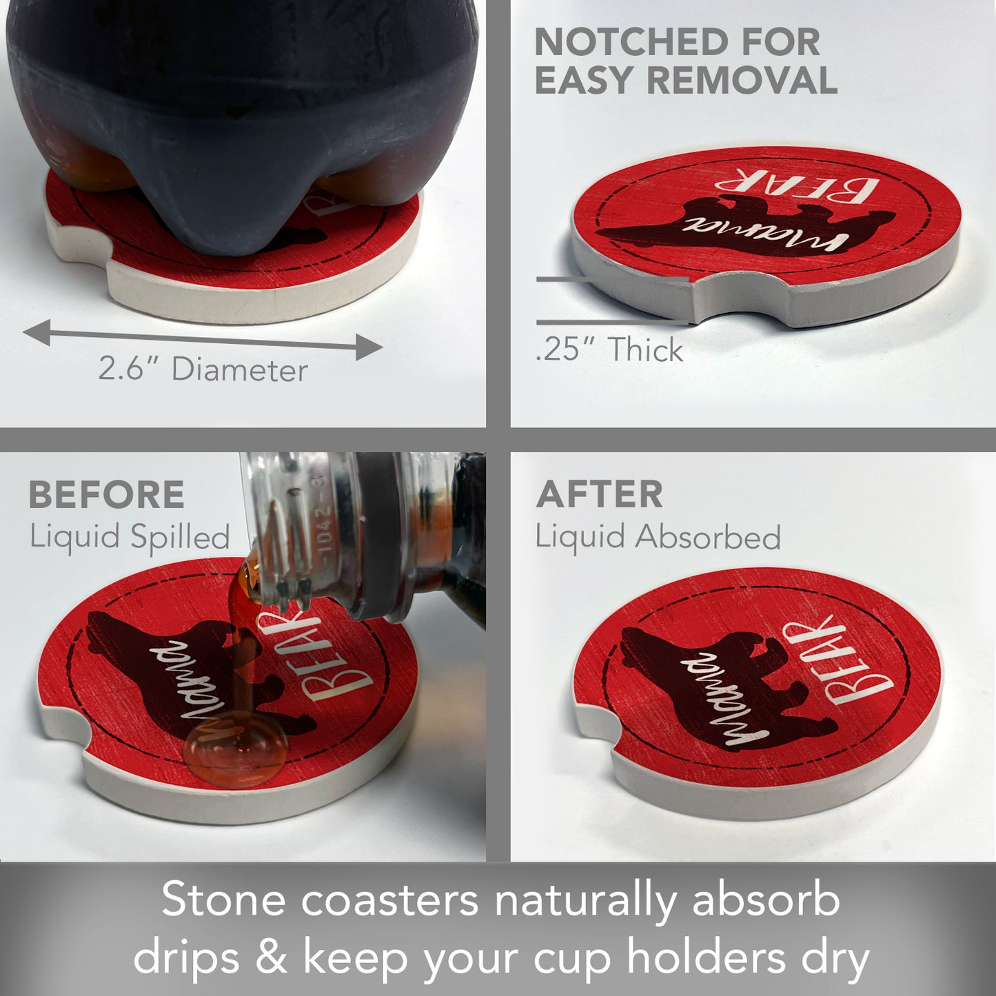 Thirstystone Mama Bear Single Absorbent Stone Coaster for Vehicle Cup Holder 2.6” Diameter Manufactured in The USA