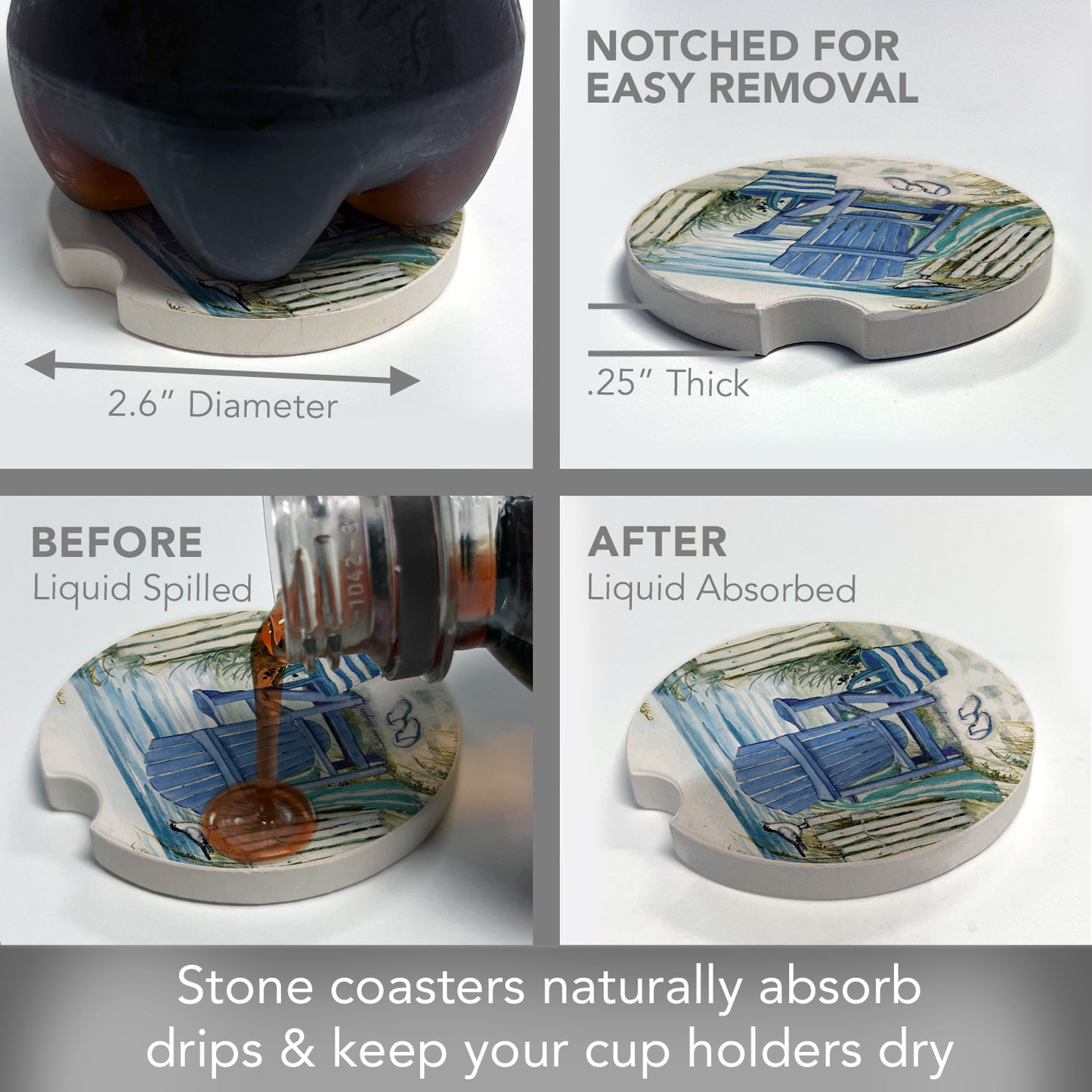 Thirstystone Chair by The Sea Single Absorbent Stone Coaster for Vehicle Cup Holder 2.6” Diameter Manufactured in The USA