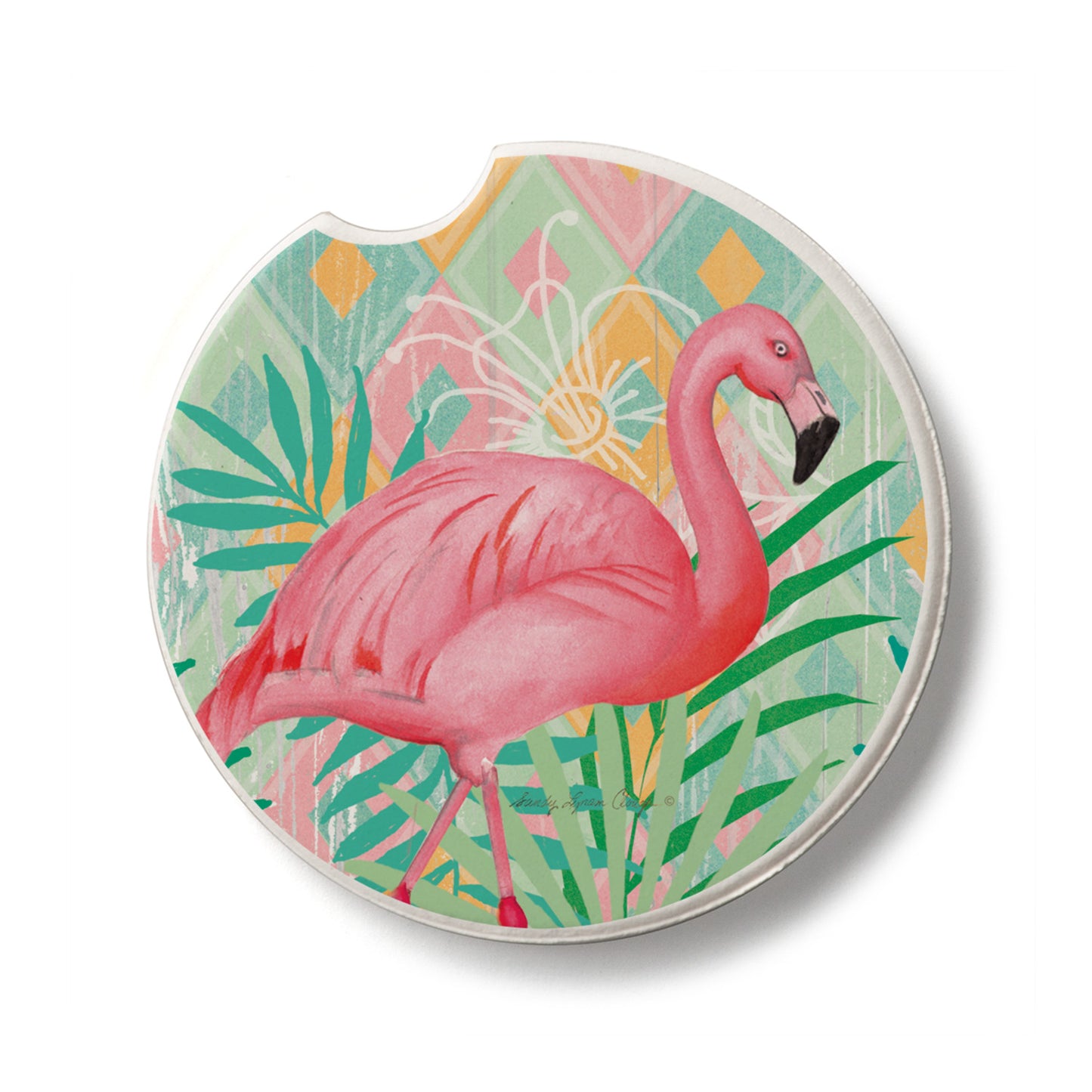 Diamond Flamingo Single Absorbent Stone Car Coaster 2.6” Diameter Manufactured in the USA