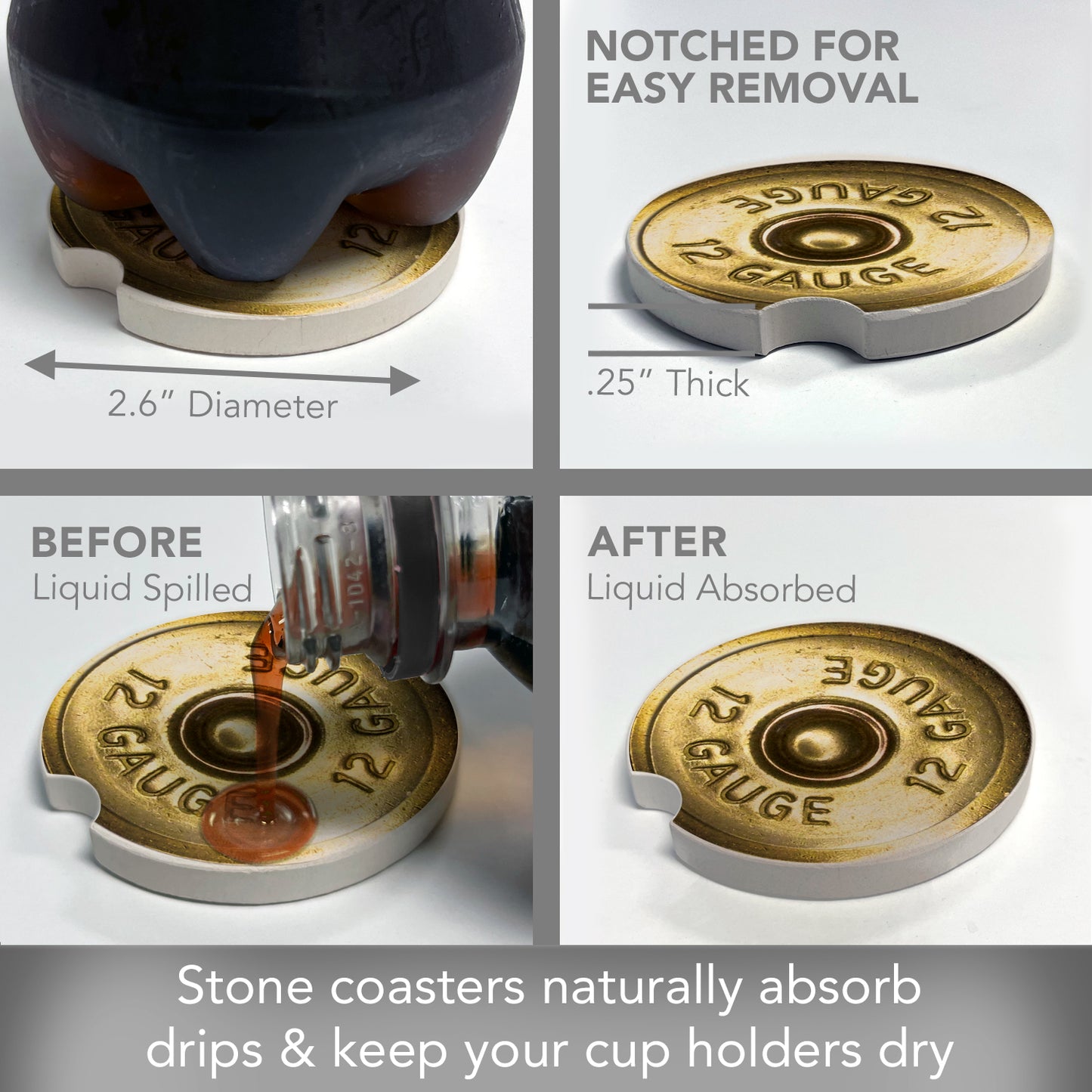 Thirstystone Shotgun Shell Single Absorbent Stone Coaster for Vehicle Cup Holder 2.6” Diameter Manufactured in The USA