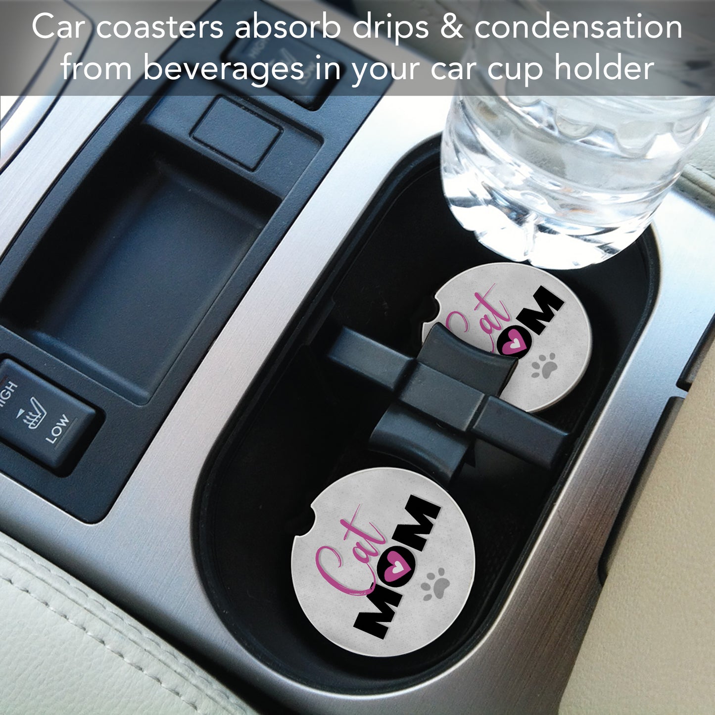 CounterArt Cat Mom Single Absorbent Stone Coaster for Vehicle Cup Holder 2.6” Diameter Manufactured in The USA