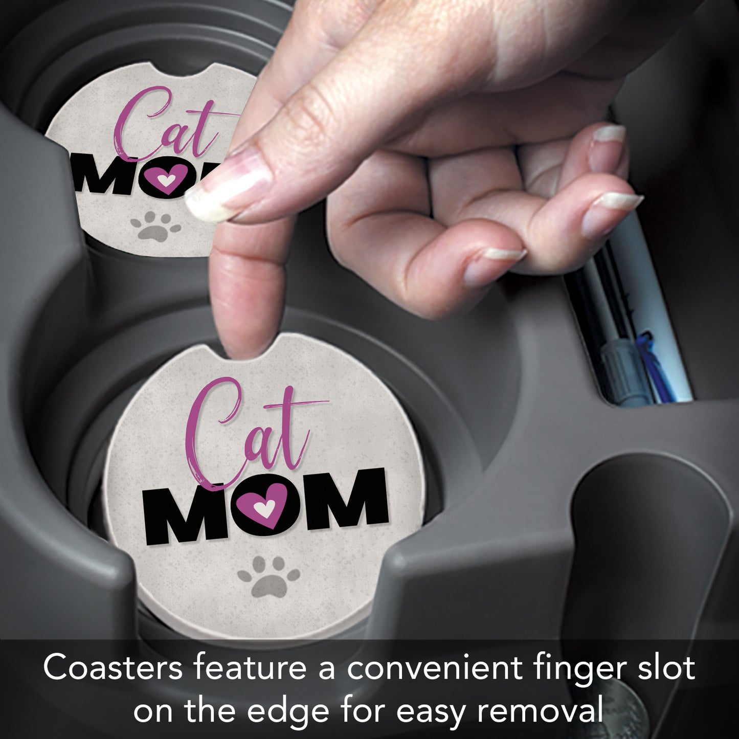 CounterArt Cat Mom Single Absorbent Stone Coaster for Vehicle Cup Holder 2.6” Diameter Manufactured in The USA