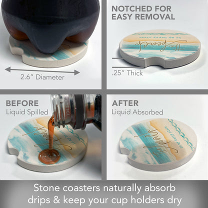 Thirstystone Beach-Happy Place Single Absorbent Stone Coaster for Vehicle Cup Holder 2.6” Diameter Manufactured in The USA