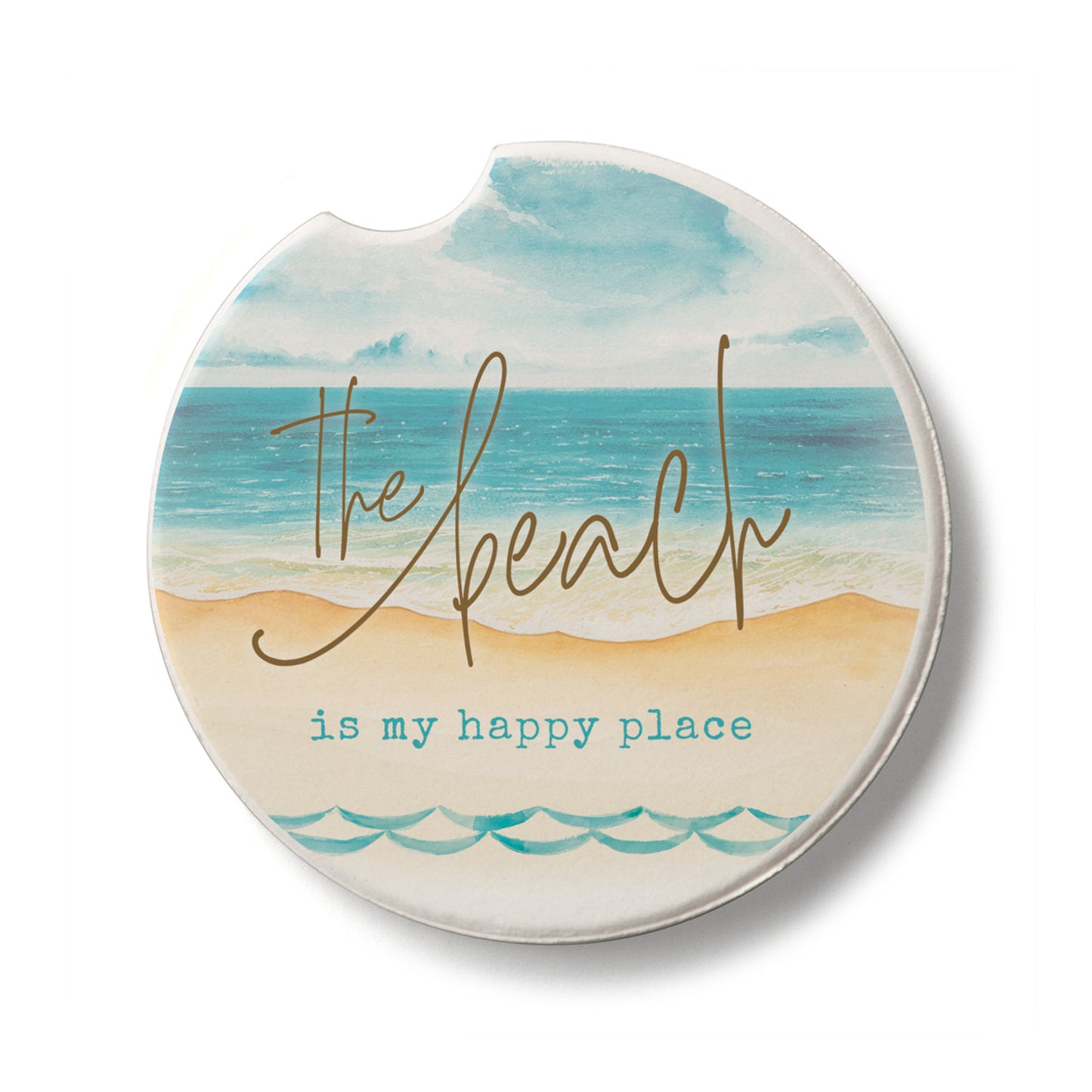 Beach-Happy Place Single Absorbent Stone Car Coaster 2.6” Diameter Manufactured in the USA