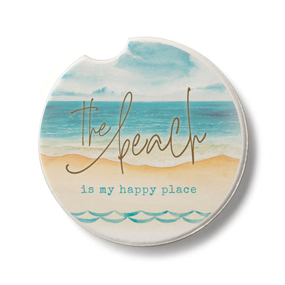Beach-Happy Place Single Absorbent Stone Car Coaster 2.6” Diameter Manufactured in the USA