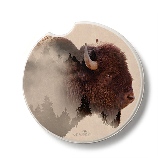 Buffalo Scene Single Absorbent Stone Car Coaster 2.6” Diameter Manufactured in the USA