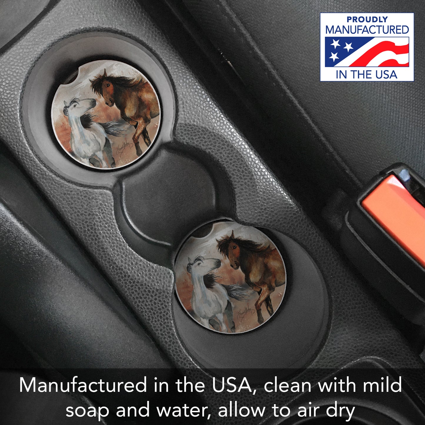 Thirstystone Wild Horses Single Absorbent Stone Car Coaster for Vehicle Cup Holder 2.6” Diameter Manufactured in The USA