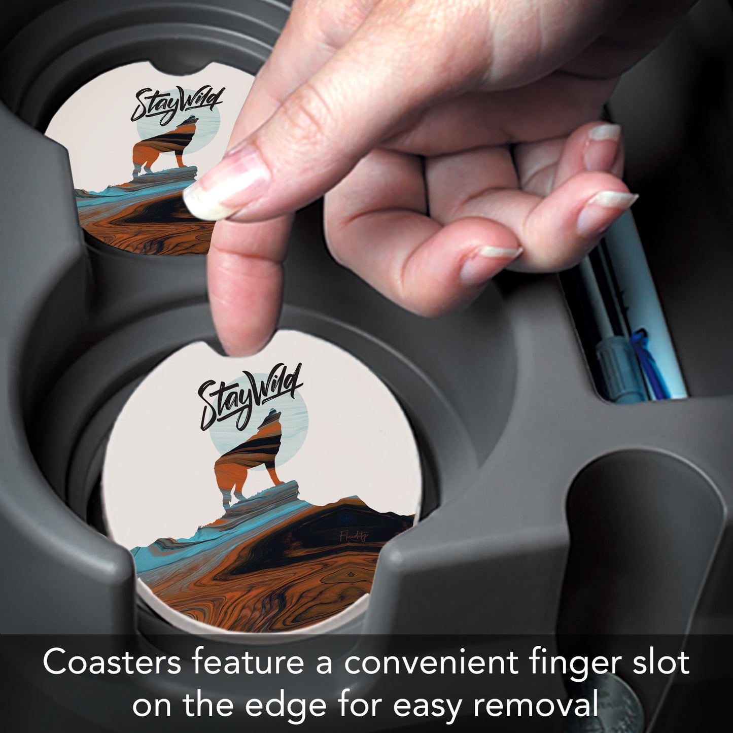 Thirstystone Stay Wild Wolf Single Absorbent Stone Coaster for Vehicle Cup Holder 2.6” Diameter Manufactured in The USA