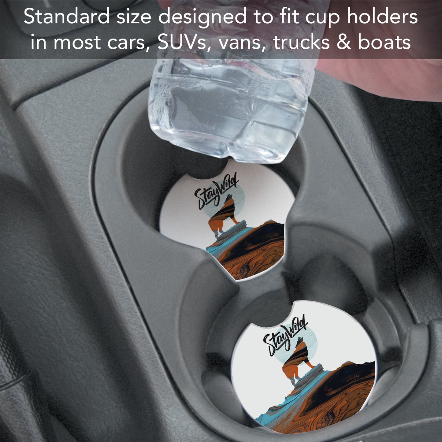 Thirstystone Stay Wild Wolf Single Absorbent Stone Coaster for Vehicle Cup Holder 2.6” Diameter Manufactured in The USA