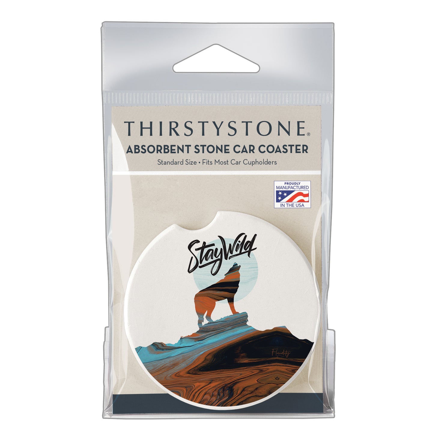 Thirstystone Stay Wild Wolf Single Absorbent Stone Coaster for Vehicle Cup Holder 2.6” Diameter Manufactured in The USA