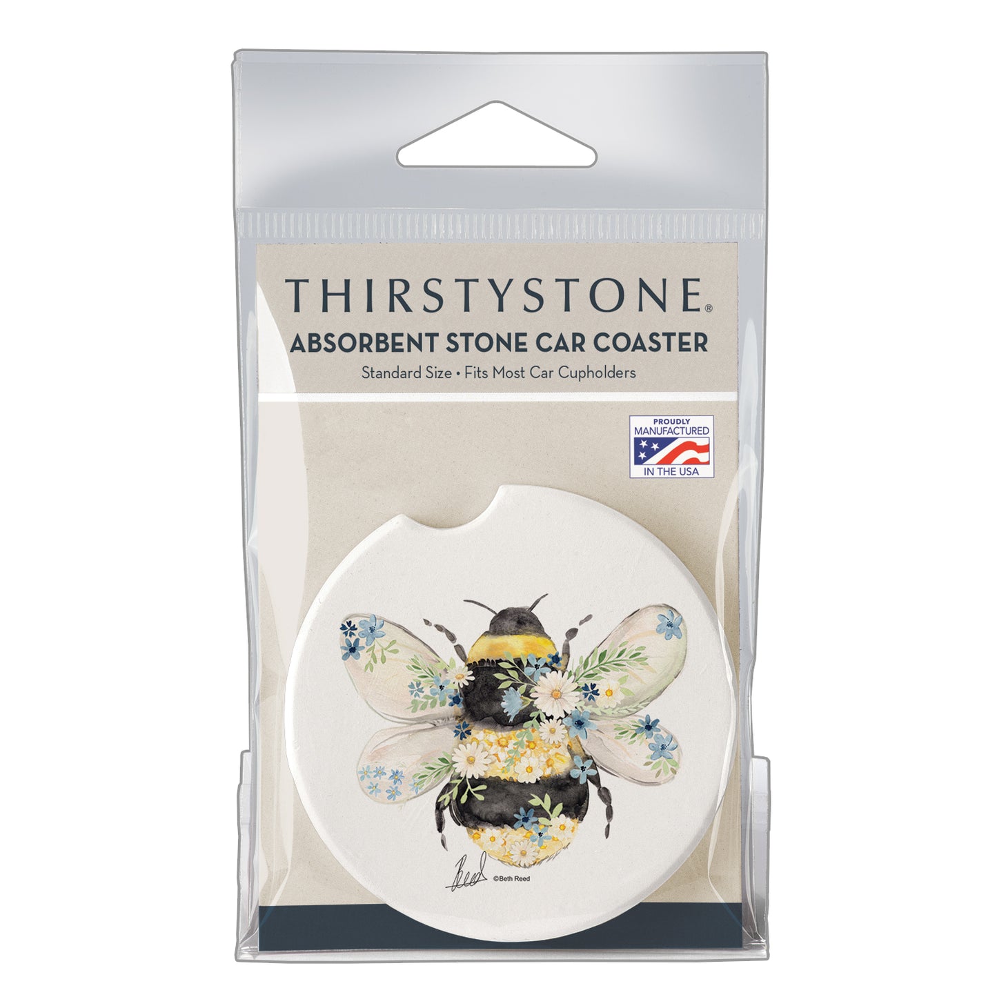 Thirstystone Beautiful Bee Single Absorbent Stone Coaster for Vehicle Cup Holder 2.6” Diameter Manufactured in The USA