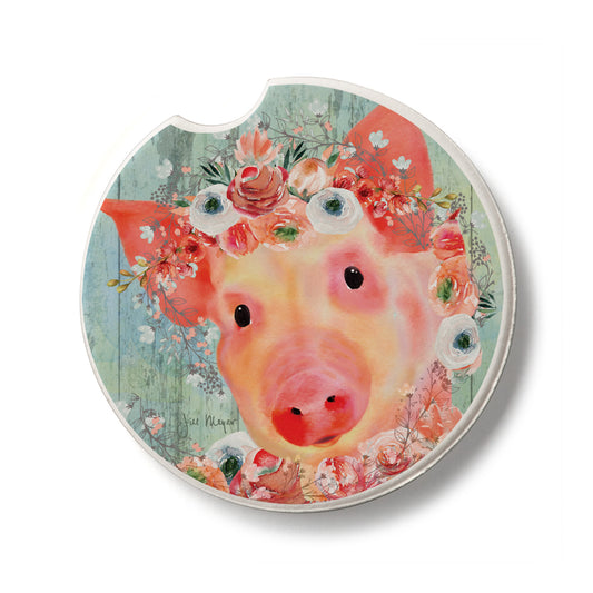 Crowned Piggy Single Absorbent Stone Car Coaster 2.6” Diameter Manufactured in the USA