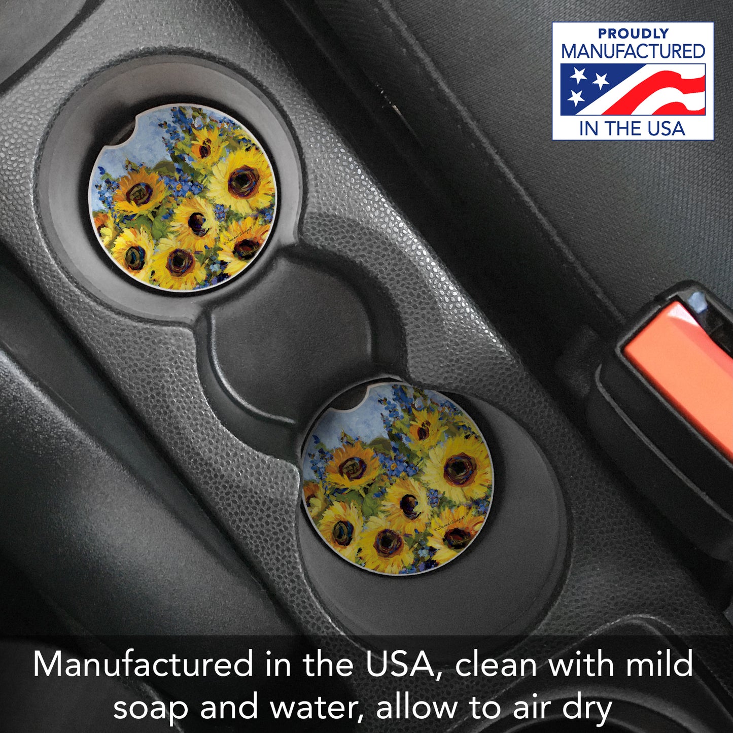 Thirstystone Sunflower Gallery Single Absorbent Stone Coaster for Vehicle Cup Holder 2.6” Diameter Manufactured in The USA