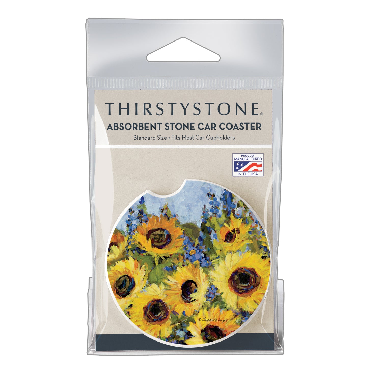Thirstystone Sunflower Gallery Single Absorbent Stone Coaster for Vehicle Cup Holder 2.6” Diameter Manufactured in The USA