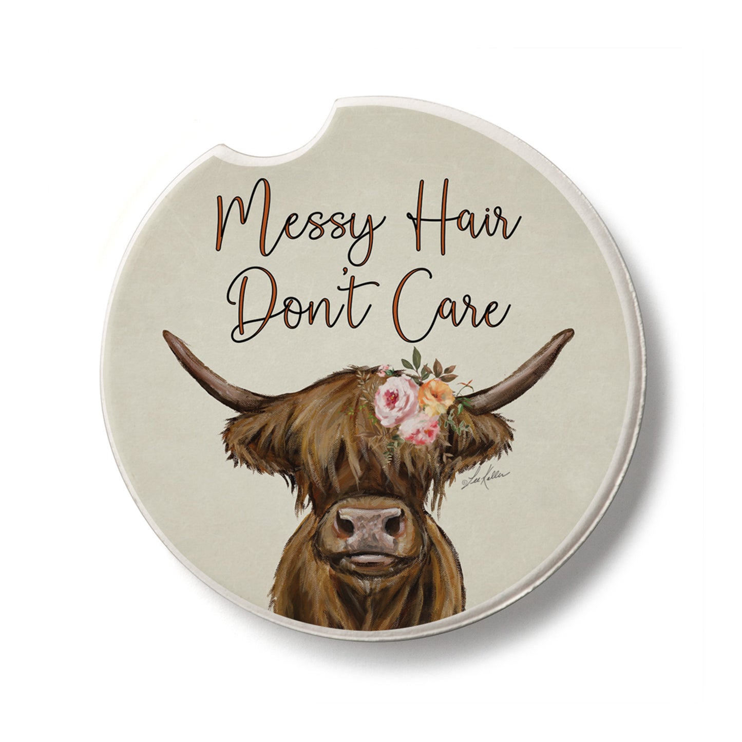Messy Hair Cow Single Absorbent Stone Car Coaster 2.6” Diameter Manufactured in the USA