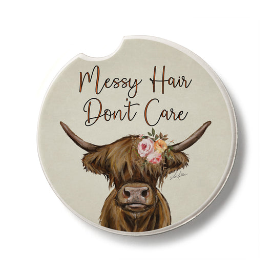 Messy Hair Cow Single Absorbent Stone Car Coaster 2.6” Diameter Manufactured in the USA