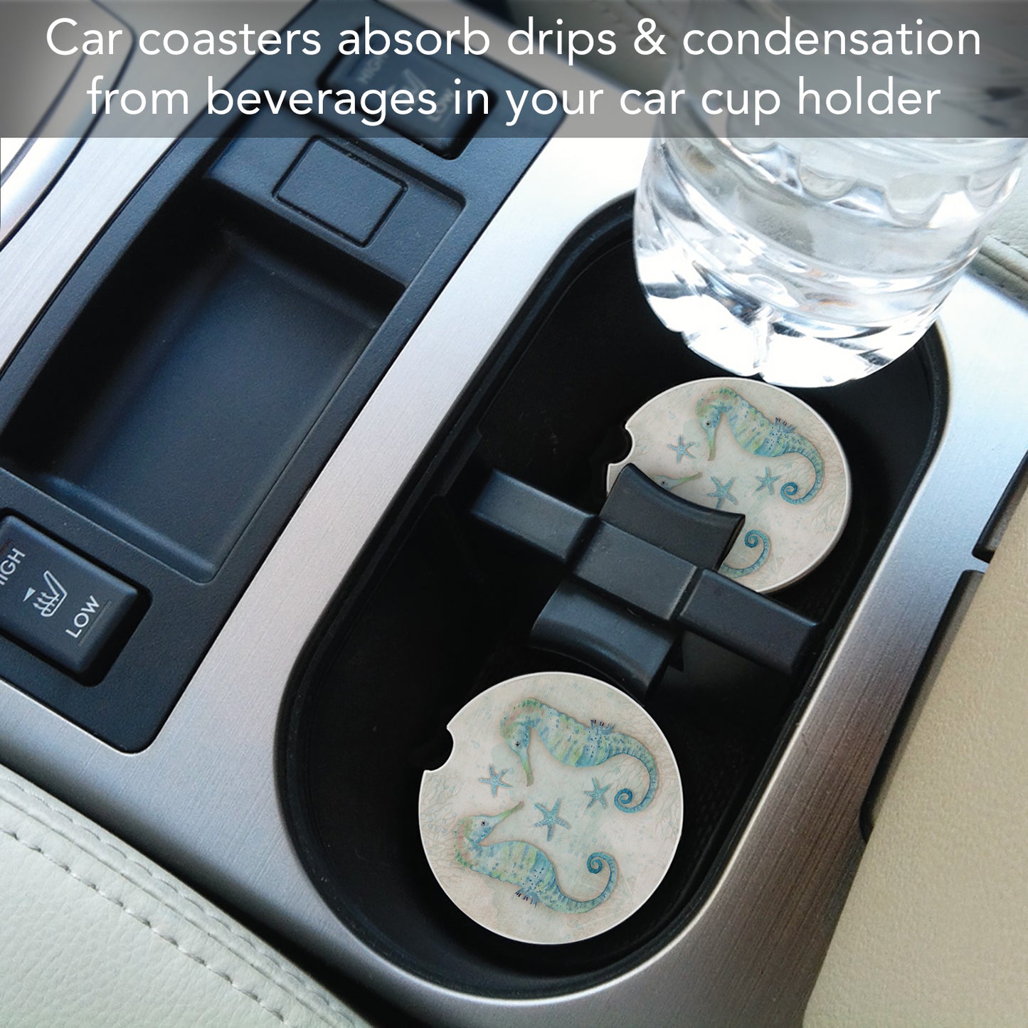 Thirstystone Twin Seahorses Single Absorbent Stone Coaster for Vehicle Cup Holder 2.6” Diameter Manufactured in The USA