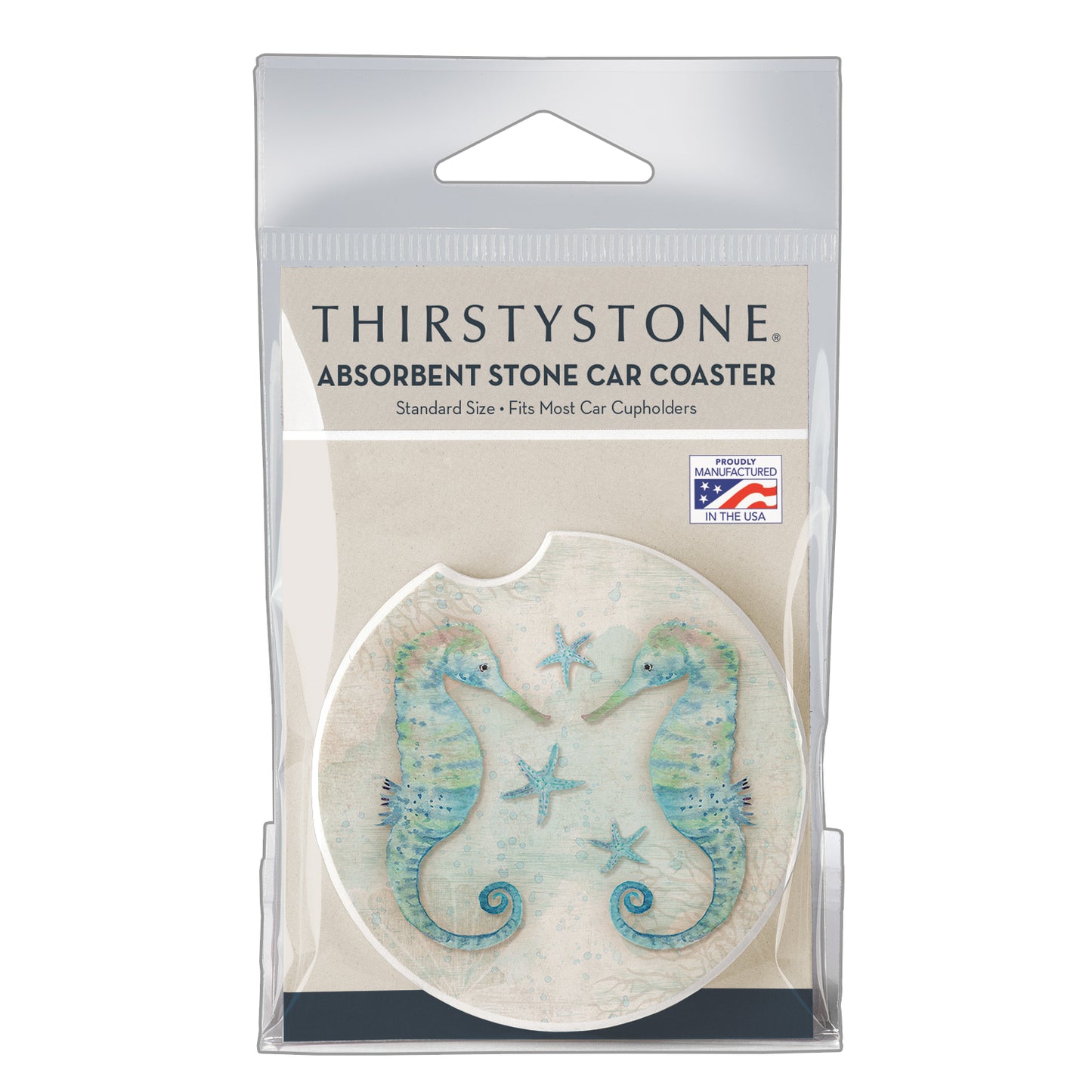 Thirstystone Twin Seahorses Single Absorbent Stone Coaster for Vehicle Cup Holder 2.6” Diameter Manufactured in The USA