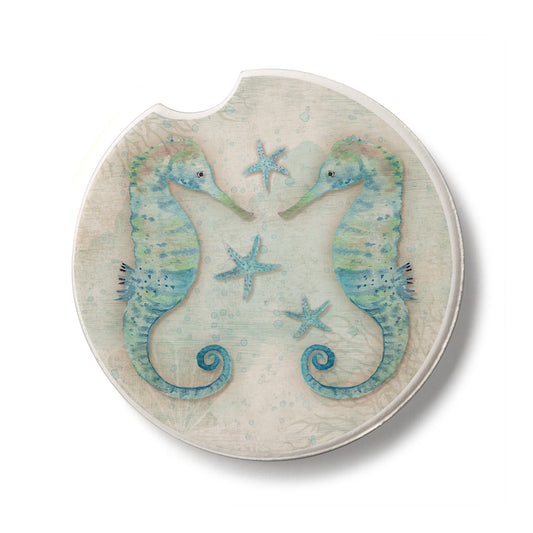 Twin Seahorses Single Absorbent Stone Car Coaster 2.6” Diameter Manufactured in the USA