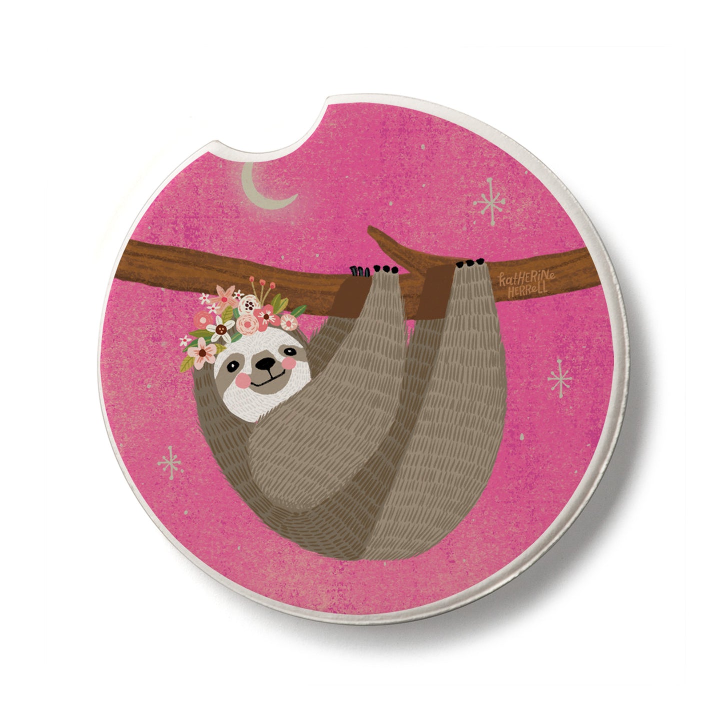 Pink Sloth Single Absorbent Stone Car Coaster 2.6” Diameter Manufactured in the USA