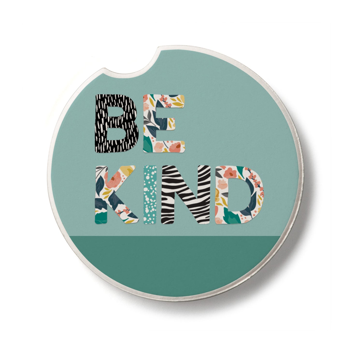 Floral Be Kind Single Absorbent Stone Car Coaster 2.6” Diameter Manufactured in the USA
