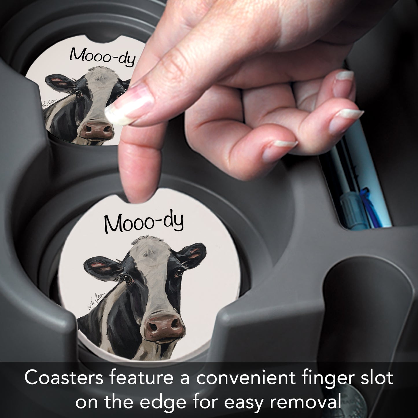 Thirstystone Mooo-dy Cow Single Absorbent Stone Coaster for Vehicle Cup Holder 2.6” Diameter Manufactured in The USA