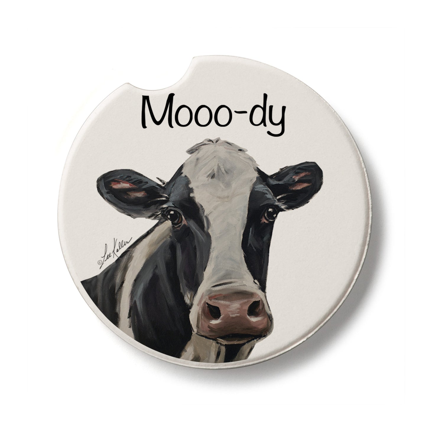 Mooo-dy Cow Single Absorbent Stone Car Coaster 2.6” Diameter Manufactured in the USA