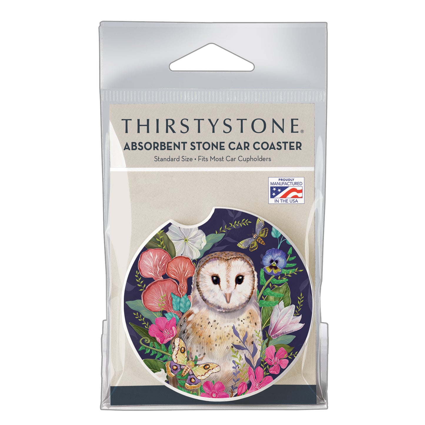 Thirstystone Barn Owl Single Absorbent Stone Coaster for Vehicle Cup Holder 2.6” Diameter Manufactured in The USA