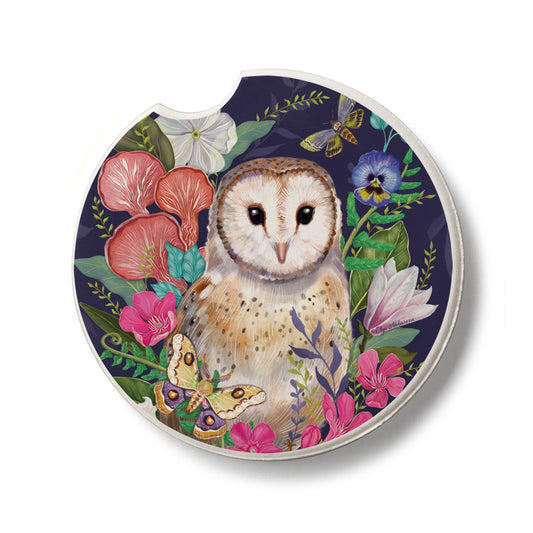 Barn Owl Single Absorbent Stone Car Coaster 2.6” Diameter Manufactured in the USA