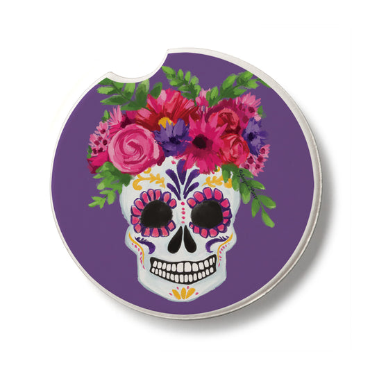 Skull Flowers Single Absorbent Stone Car Coaster 2.6” Diameter Manufactured in the USA