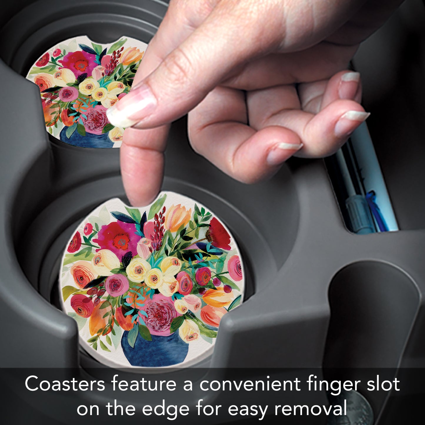 Thirstystone Morning Joy Floral Single Absorbent Stone Coaster for Vehicle Cup Holder 2.6” Diameter Manufactured in The USA