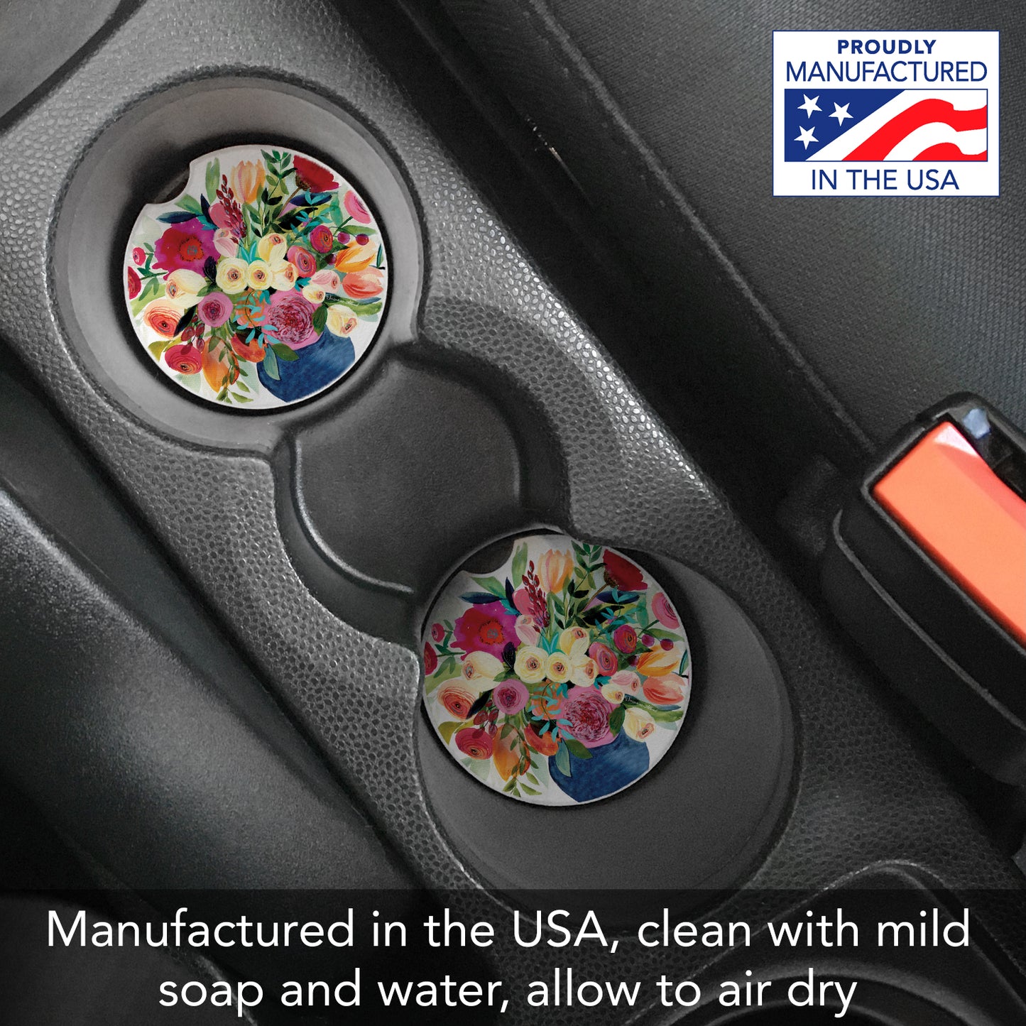 Thirstystone Morning Joy Floral Single Absorbent Stone Coaster for Vehicle Cup Holder 2.6” Diameter Manufactured in The USA