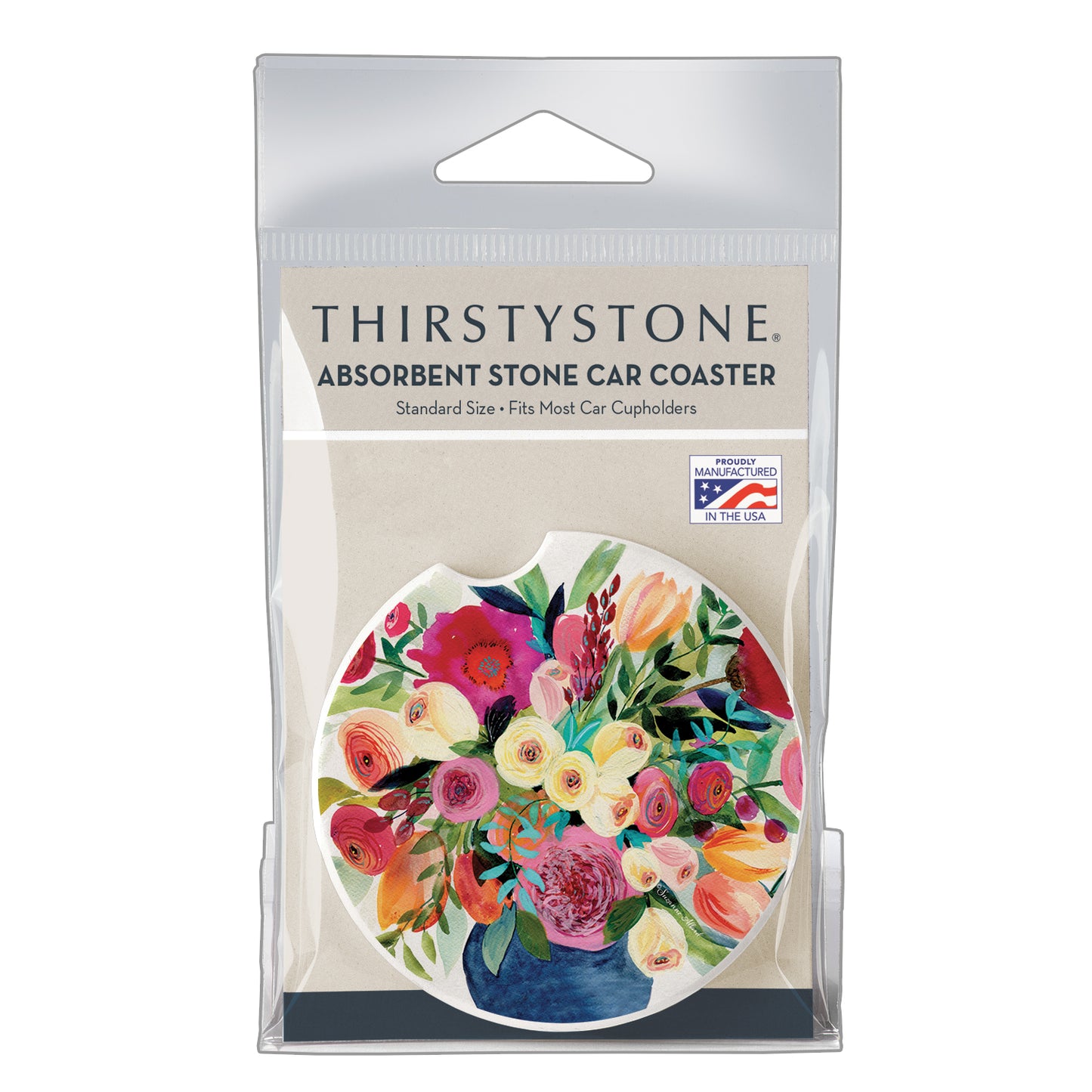 Thirstystone Morning Joy Floral Single Absorbent Stone Coaster for Vehicle Cup Holder 2.6” Diameter Manufactured in The USA