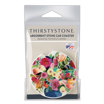 Thirstystone Morning Joy Floral Single Absorbent Stone Coaster for Vehicle Cup Holder 2.6” Diameter Manufactured in The USA