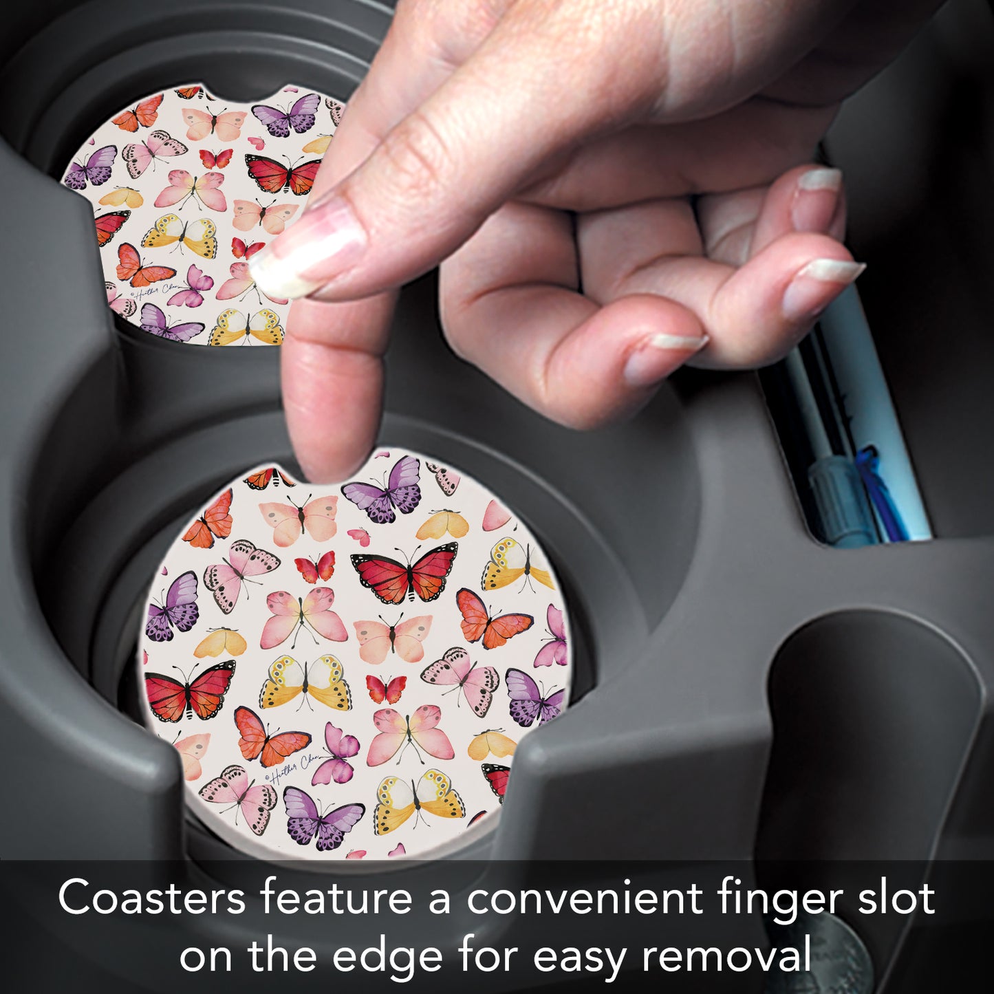 Thirstystone Watercolor Butterflies Single Absorbent Stone Coaster for Vehicle Cup Holder 2.6” Diameter Manufactured in The USA
