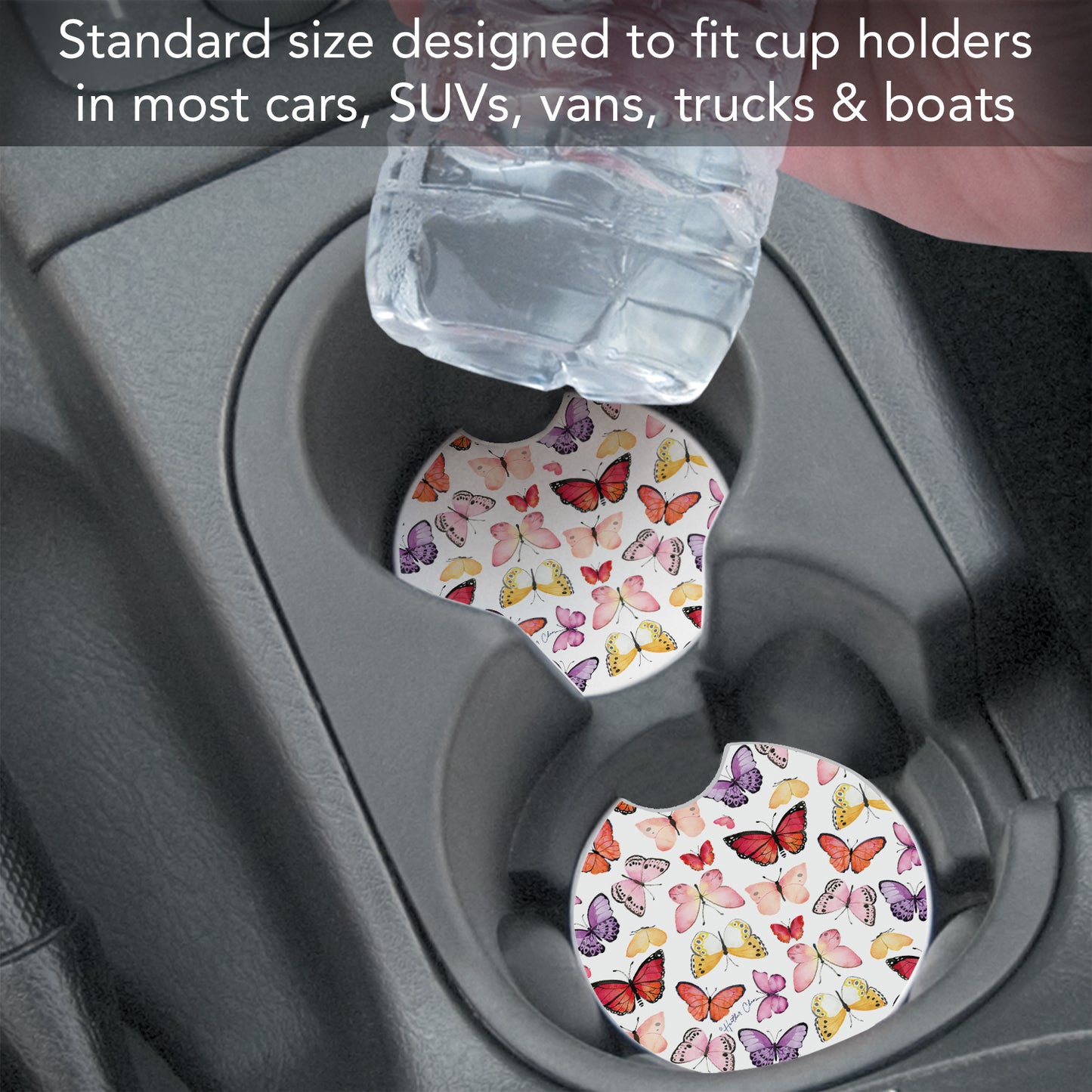Thirstystone Watercolor Butterflies Single Absorbent Stone Coaster for Vehicle Cup Holder 2.6” Diameter Manufactured in The USA