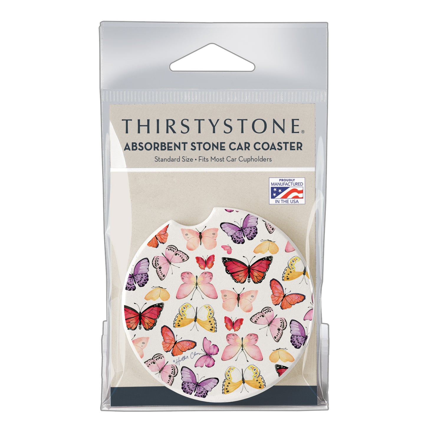 Thirstystone Watercolor Butterflies Single Absorbent Stone Coaster for Vehicle Cup Holder 2.6” Diameter Manufactured in The USA