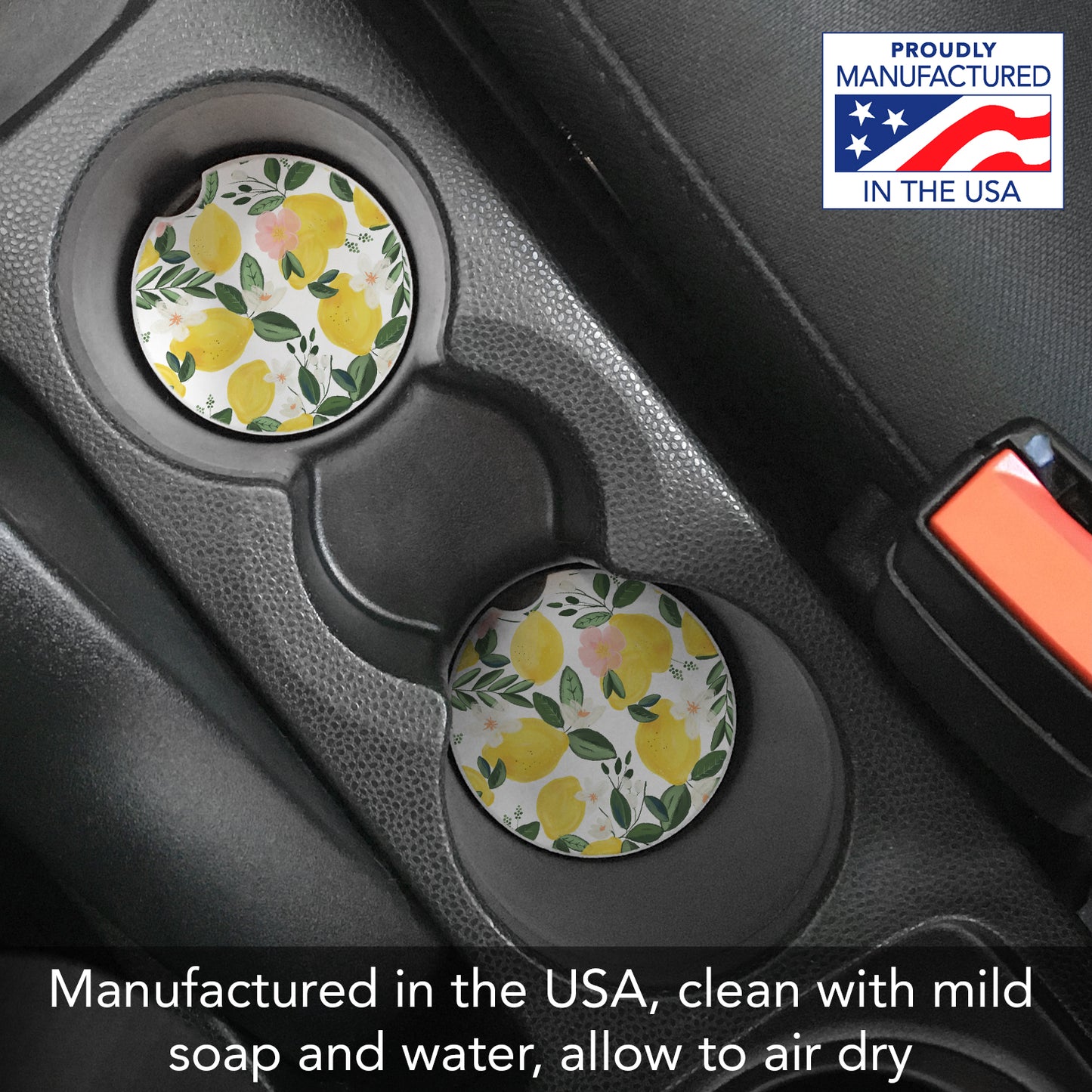 Thirstystone Lemon Vine Single Absorbent Stone Coaster for Vehicle Cup Holder 2.6” Diameter Manufactured in The USA