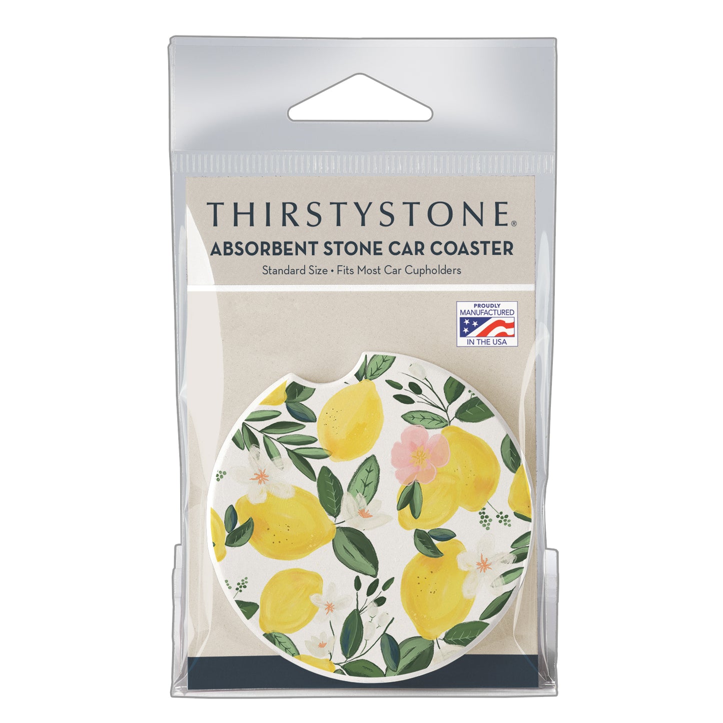 Thirstystone Lemon Vine Single Absorbent Stone Coaster for Vehicle Cup Holder 2.6” Diameter Manufactured in The USA