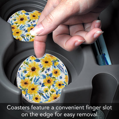 Thirstystone Sapphire Gold Sunflowers Single Absorbent Stone Coaster for Vehicle Cup Holder 2.6” Diameter Manufactured in The USA