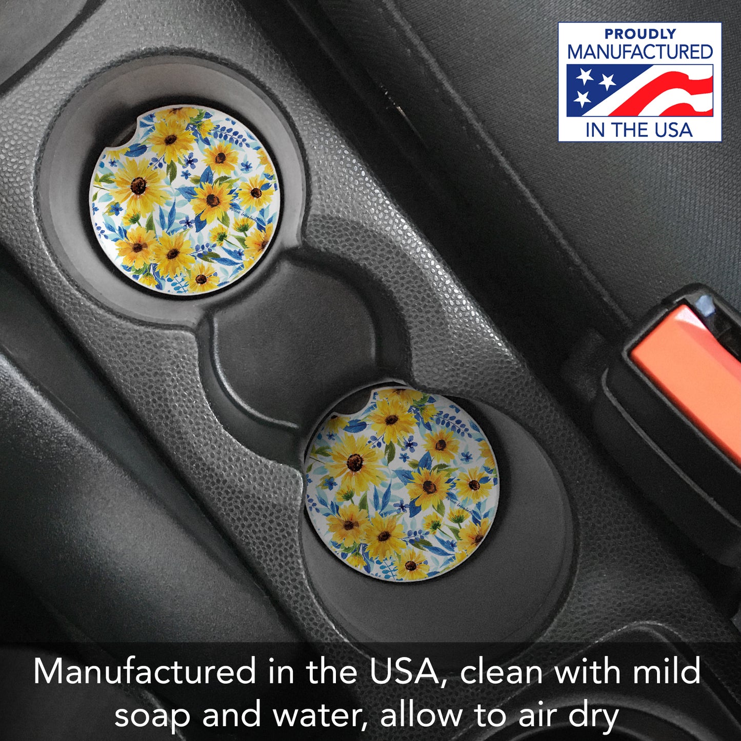 Thirstystone Sapphire Gold Sunflowers Single Absorbent Stone Coaster for Vehicle Cup Holder 2.6” Diameter Manufactured in The USA