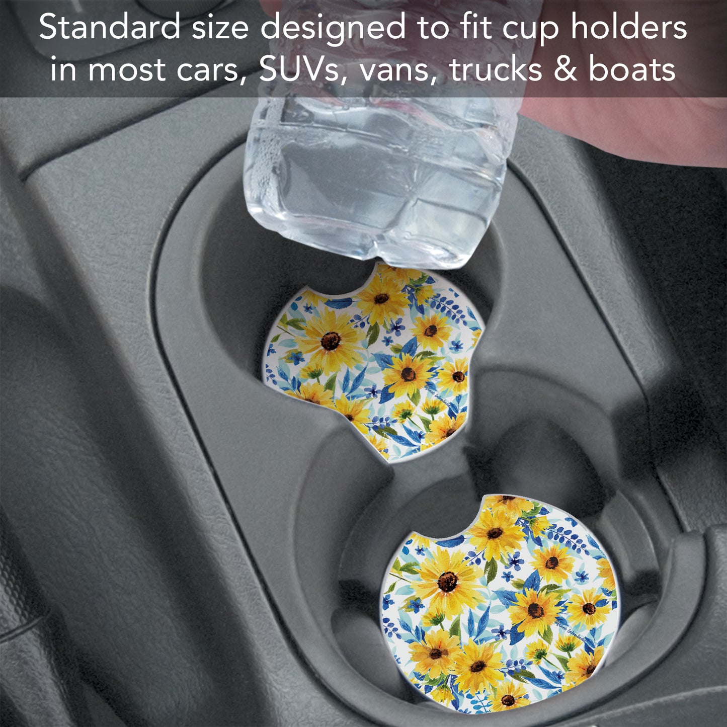 Thirstystone Sapphire Gold Sunflowers Single Absorbent Stone Coaster for Vehicle Cup Holder 2.6” Diameter Manufactured in The USA
