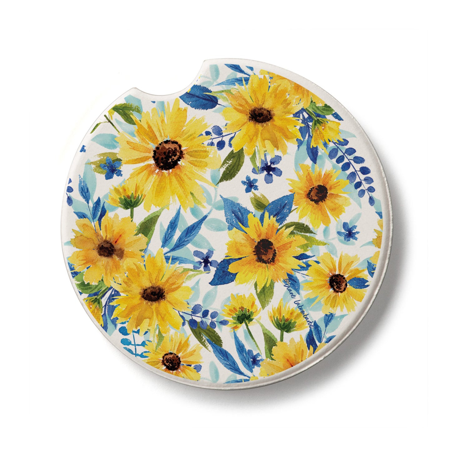 Sapphire Gold Sunflowers Single Absorbent Stone Car Coaster 2.6” Diameter Manufactured in the USA