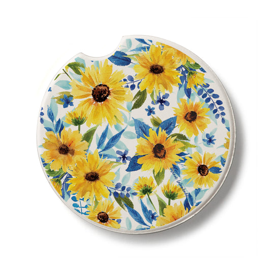 Sapphire Gold Sunflowers Single Absorbent Stone Car Coaster 2.6” Diameter Manufactured in the USA