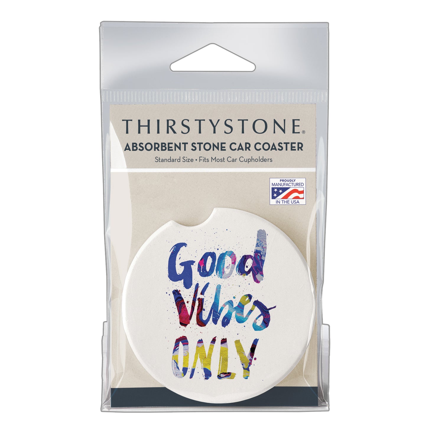 Thirstystone Good Vibes Only Single Absorbent Stone Coaster for Vehicle Cup Holder 2.6” Diameter Manufactured in The USA